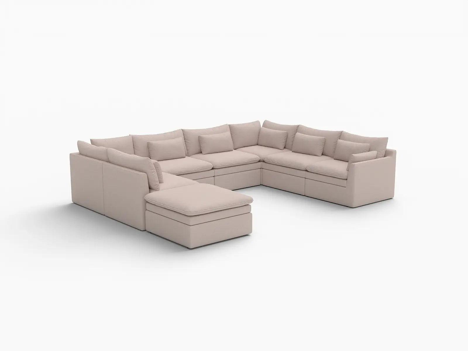 Deluxe Cloud 7-Seater Khaki U-Shaped Sectional | 8-Piece (Includes 1 Ottoman), Linen Look Poly Fabric, Washable Cushion Covers
