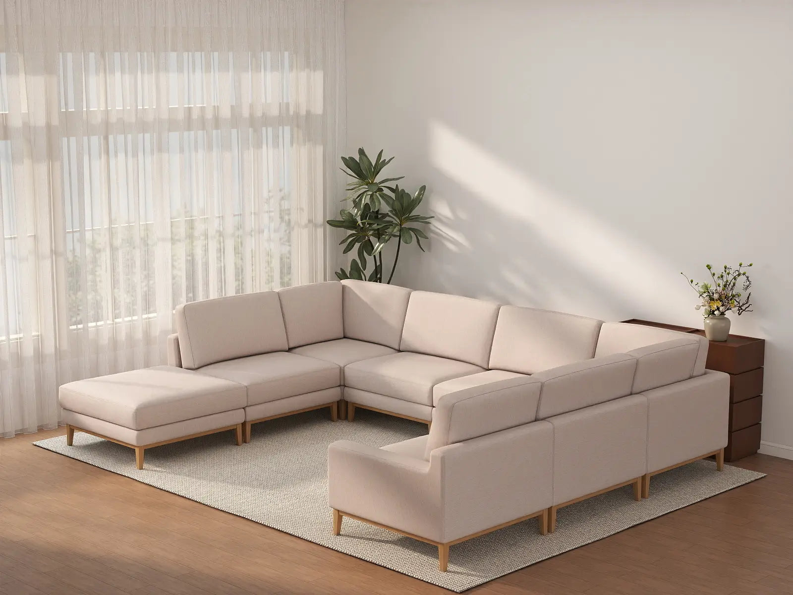 Deluxe Cloud 7-Seater Khaki U-Shaped Sectional | 8-Piece (Includes 1 Ottoman), Linen Look Poly Fabric, Washable Cushion Covers