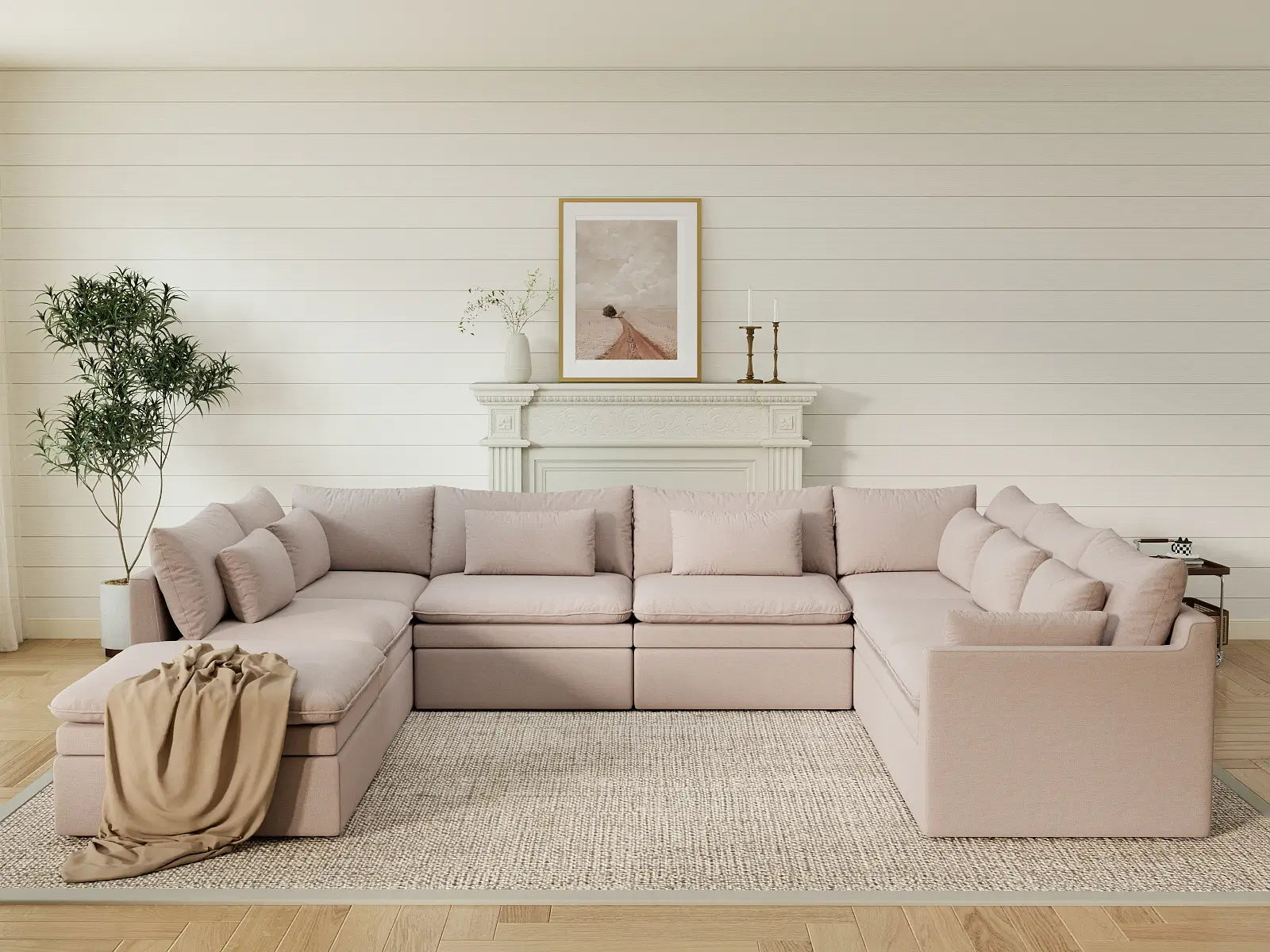 Deluxe Cloud 7-Seater Khaki U-Shaped Sectional | 8-Piece (Includes 1 Ottoman), Linen Look Poly Fabric, Washable Cushion Covers