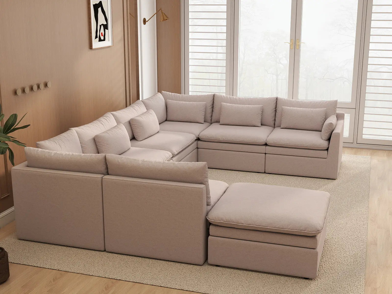 Deluxe Cloud 7-Seater Khaki U-Shaped Sectional | 8-Piece (Includes 1 Ottoman), Linen Look Poly Fabric, Washable Cushion Covers