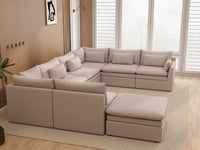 Deluxe Cloud 7-Seater Khaki U-Shaped Sectional | 8-Piece (Includes 1 Ottoman), Linen Look Poly Fabric, Washable Cushion Covers