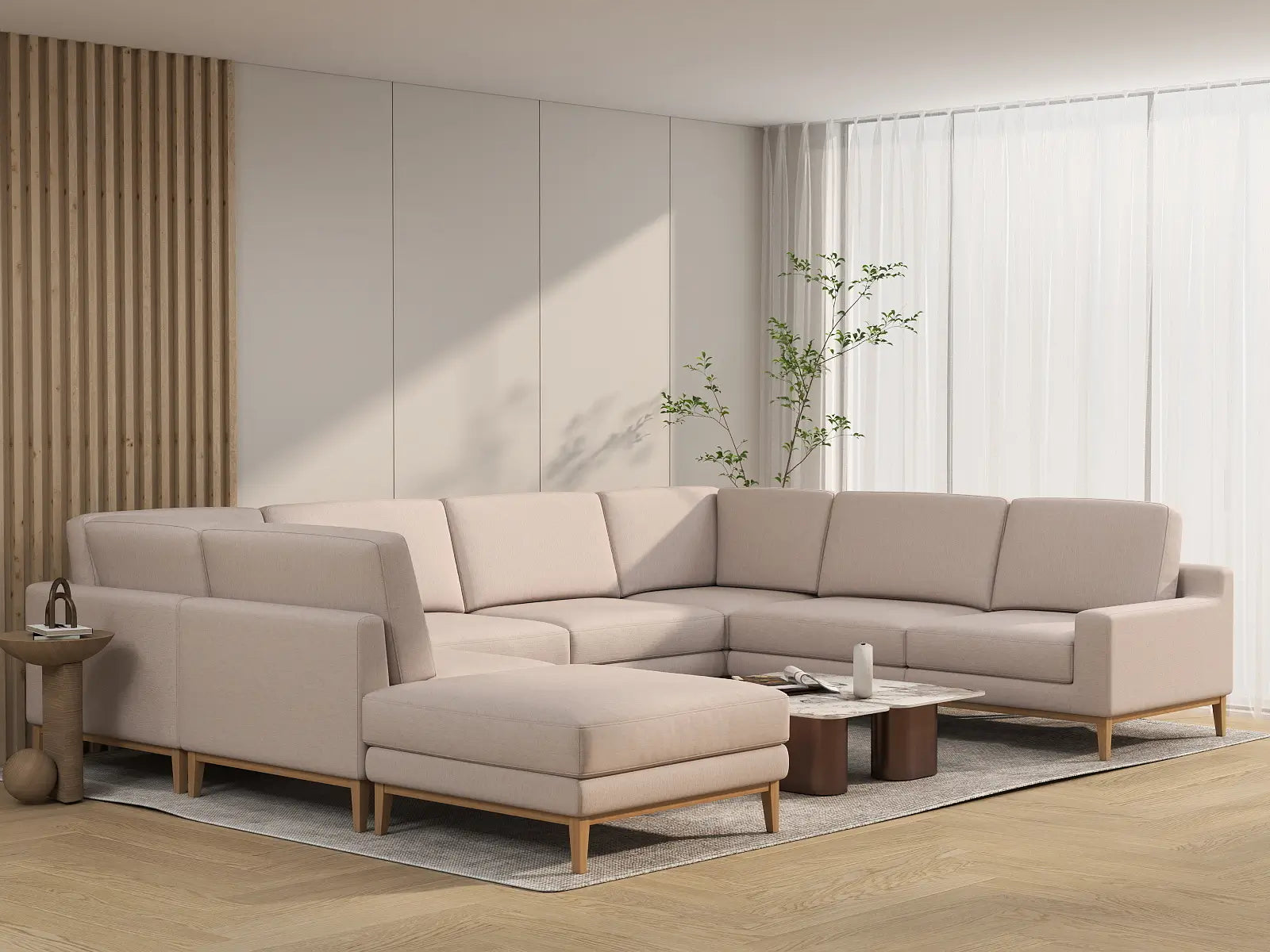 Deluxe Cloud 7-Seater Khaki U-Shaped Sectional | 8-Piece (Includes 1 Ottoman), Linen Look Poly Fabric, Washable Cushion Covers