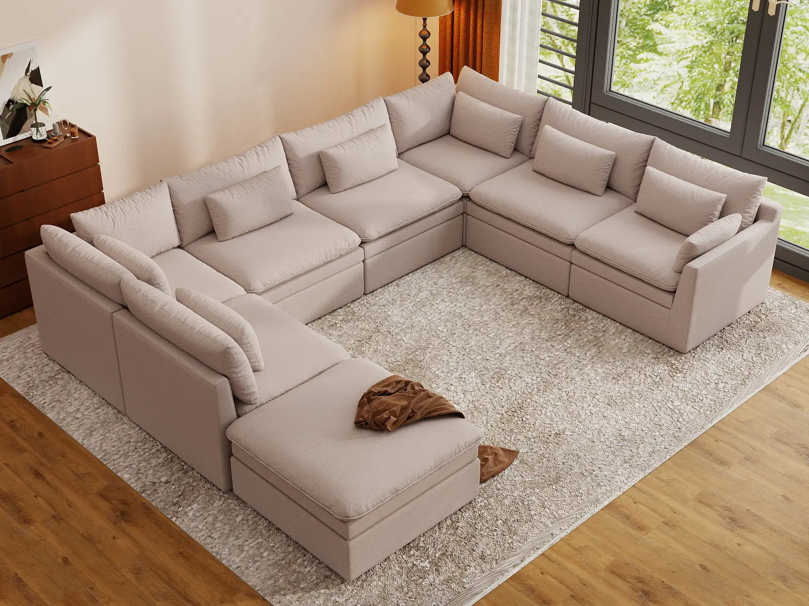 Deluxe Cloud 7-Seater Khaki U-Shaped Sectional | 8-Piece (Includes 1 Ottoman), Linen Look Poly Fabric, Washable Cushion Covers