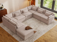 Deluxe Cloud 7-Seater Khaki U-Shaped Sectional | 8-Piece (Includes 1 Ottoman), Linen Look Poly Fabric, Washable Cushion Covers