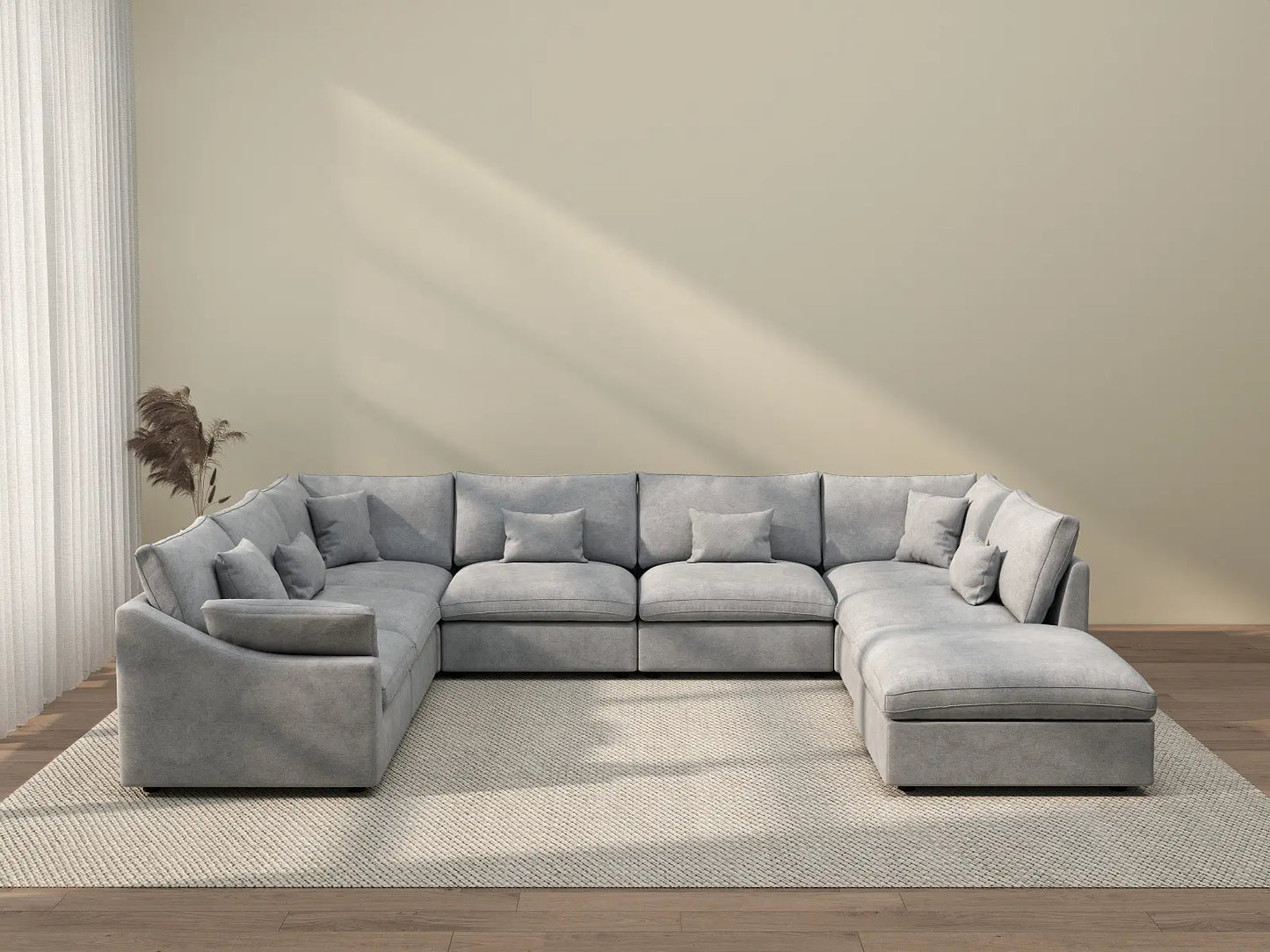 Deluxe Cloud 7-Seater Light Grey Open Space Pit Sectional | 8-Piece (Includes 1 Ottoman), Chenille And Linen Fabric, Easy To Clean