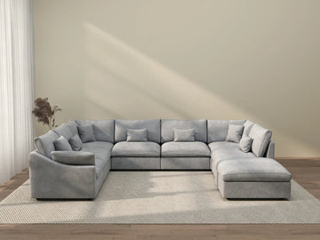 Deluxe Cloud 7-Seater Light Grey Open Space Pit Sectional | 8-Piece (Includes 1 Ottoman), Chenille And Linen Fabric, Easy To Clean