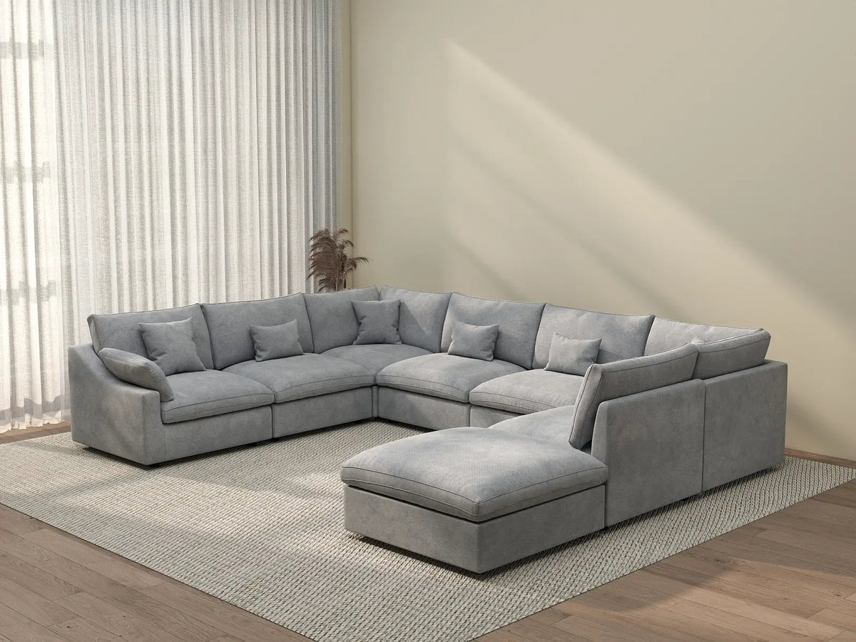 Deluxe Cloud 7-Seater Light Grey Open Space Pit Sectional | 8-Piece (Includes 1 Ottoman), Chenille And Linen Fabric, Easy To Clean