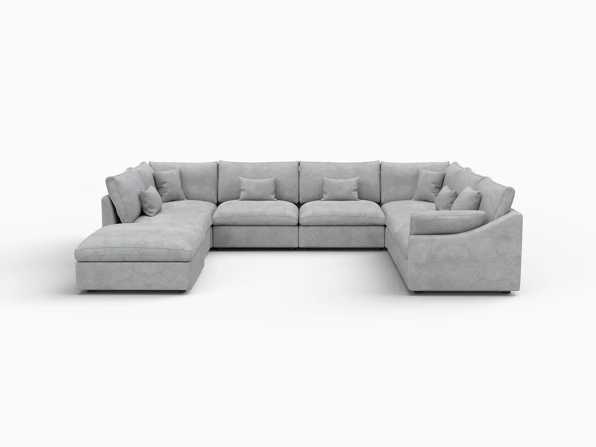 Deluxe Cloud 7-Seater Light Grey Open Space Pit Sectional | 8-Piece (Includes 1 Ottoman), Chenille And Linen Fabric, Easy To Clean