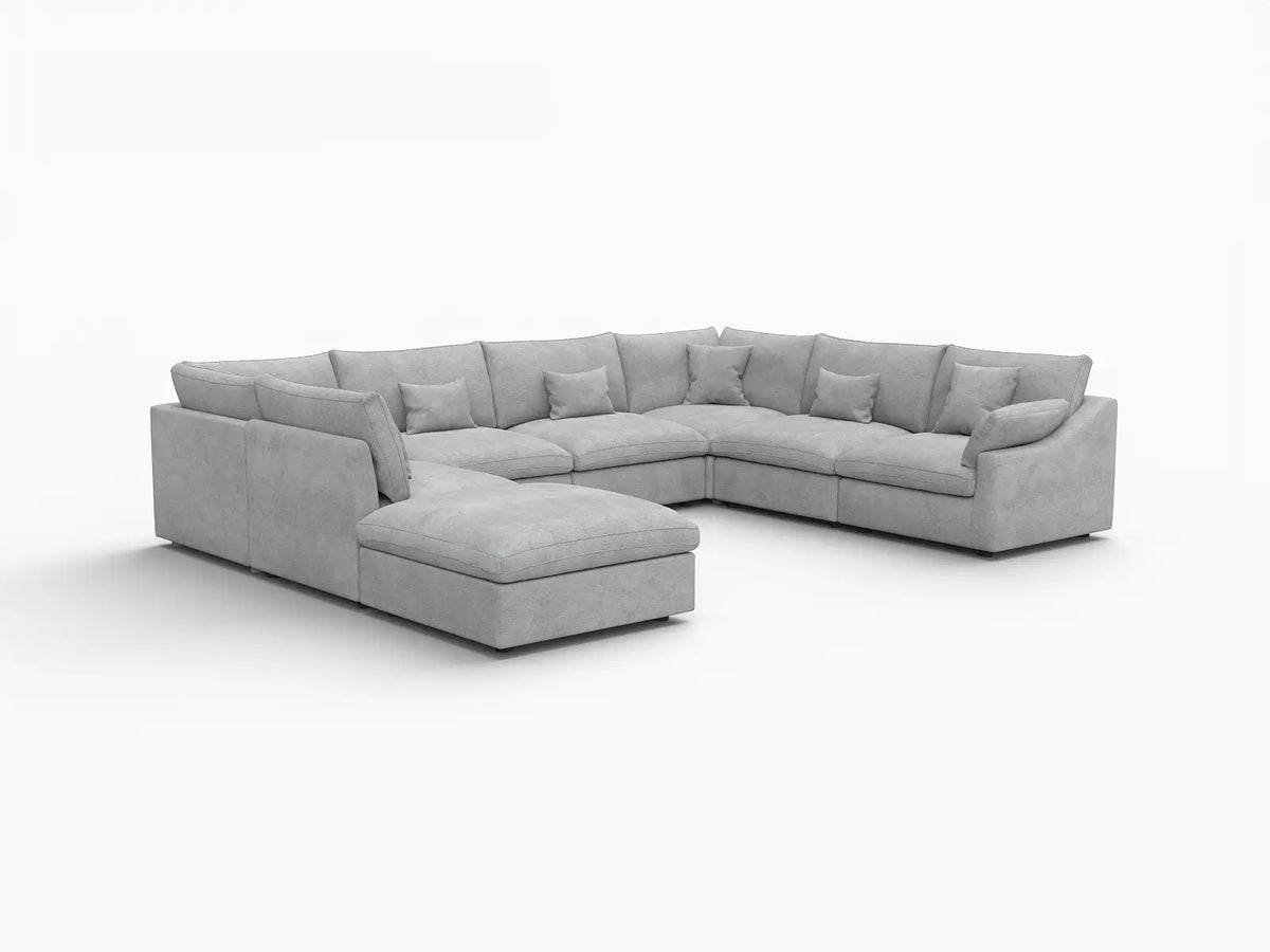Deluxe Cloud 7-Seater Light Grey Open Space Pit Sectional | 8-Piece (Includes 1 Ottoman), Chenille And Linen Fabric, Easy To Clean