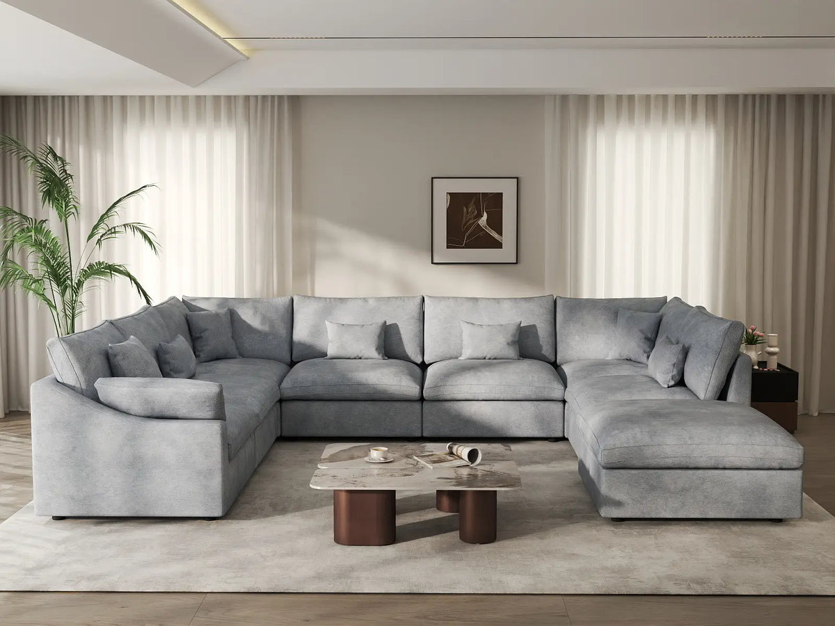 Deluxe Cloud 7-Seater Light Grey Open Space Pit Sectional | 8-Piece (Includes 1 Ottoman), Chenille And Linen Fabric, Easy To Clean