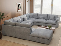 Deluxe Cloud 7-Seater Light Grey Open Space Pit Sectional | 8-Piece (Includes 1 Ottoman), Chenille And Linen Fabric, Easy To Clean