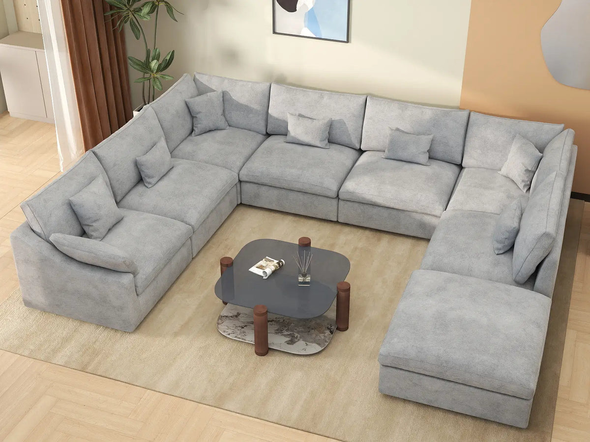 Deluxe Cloud 7-Seater Light Grey Open Space Pit Sectional | 8-Piece (Includes 1 Ottoman), Chenille And Linen Fabric, Easy To Clean