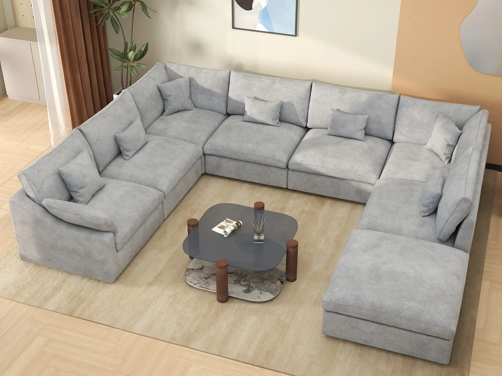Deluxe Cloud 7-Seater Light Grey Open Space Pit Sectional | 8-Piece (Includes 1 Ottoman), Chenille And Linen Fabric, Easy To Clean