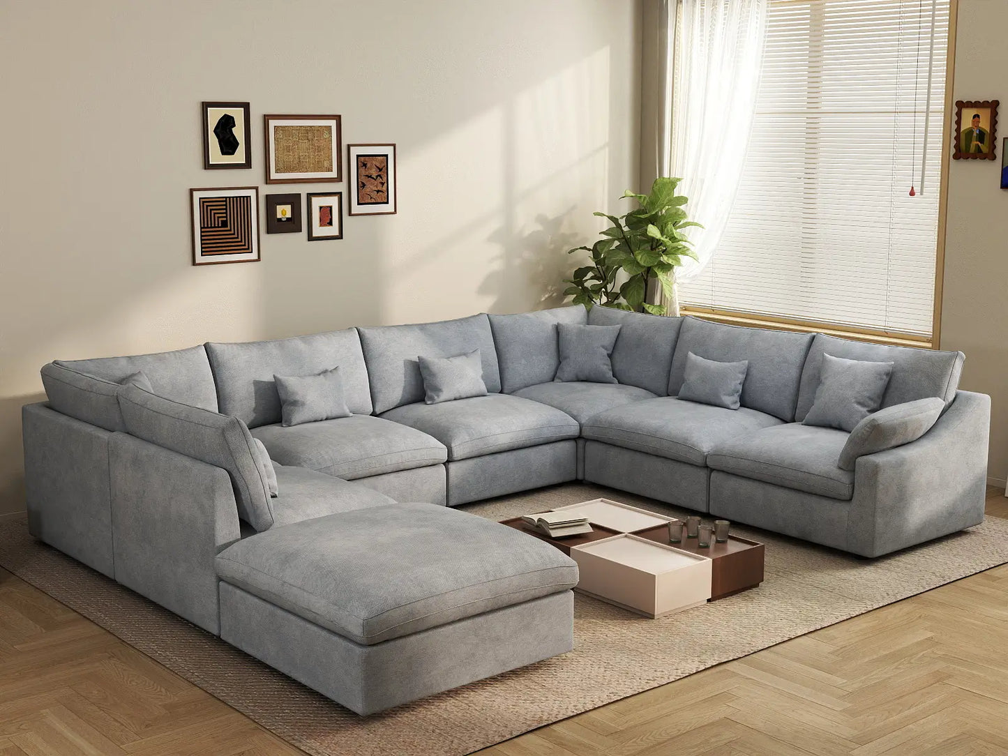 Deluxe Cloud 7-Seater Light Grey Open Space Pit Sectional | 8-Piece (Includes 1 Ottoman), Chenille And Linen Fabric, Easy To Clean