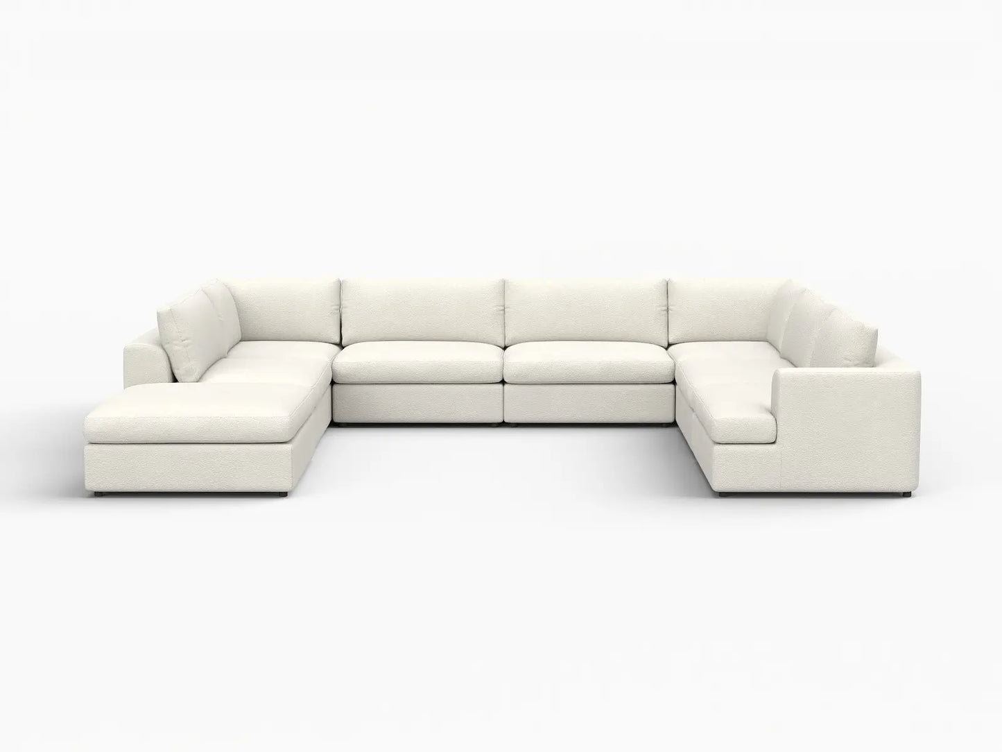 Deluxe Cloud 7-Seater White Open Space U-Shaped Sectional | 8-Piece (Includes 1 Ottoman), Bouclé Sherpa-Like Fabric, Easy To Clean