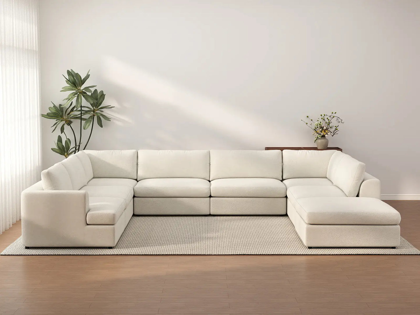 Deluxe Cloud 7-Seater White Open Space U-Shaped Sectional | 8-Piece (Includes 1 Ottoman), Bouclé Sherpa-Like Fabric, Easy To Clean