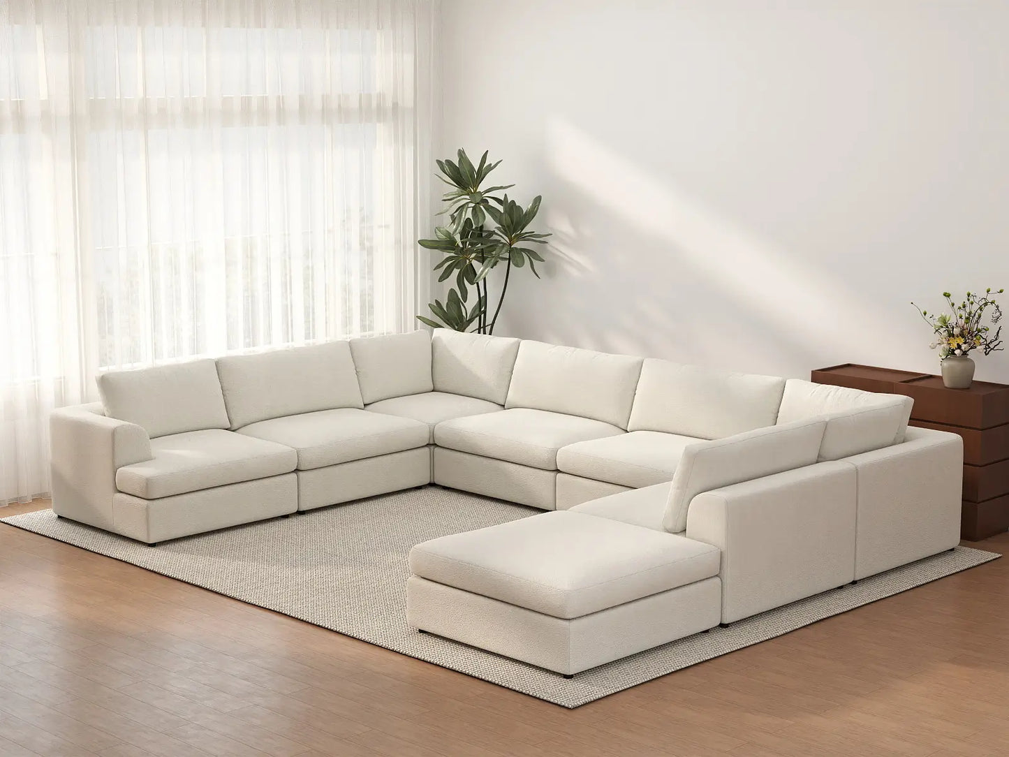 Deluxe Cloud 7-Seater White Open Space U-Shaped Sectional | 8-Piece (Includes 1 Ottoman), Bouclé Sherpa-Like Fabric, Easy To Clean