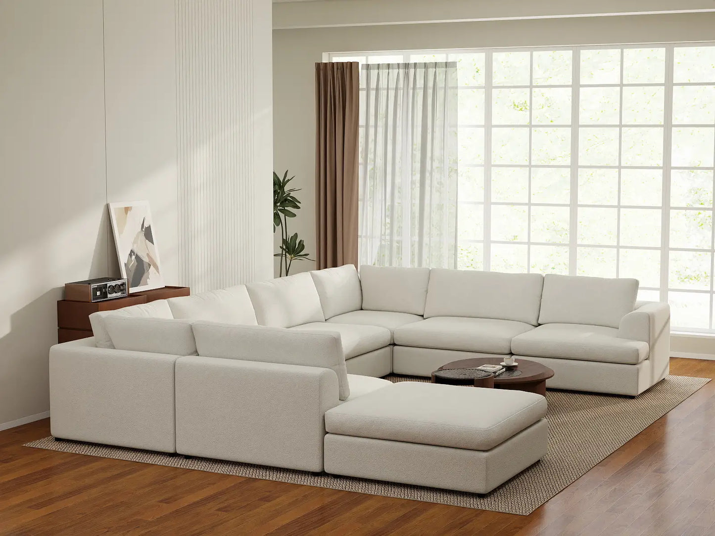Deluxe Cloud 7-Seater White Open Space U-Shaped Sectional | 8-Piece (Includes 1 Ottoman), Bouclé Sherpa-Like Fabric, Easy To Clean