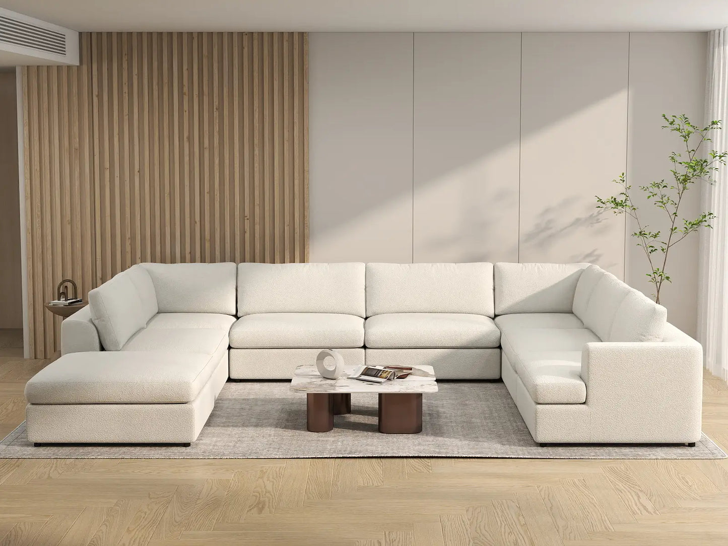 Deluxe Cloud 7-Seater White Open Space U-Shaped Sectional | 8-Piece (Includes 1 Ottoman), Bouclé Sherpa-Like Fabric, Easy To Clean