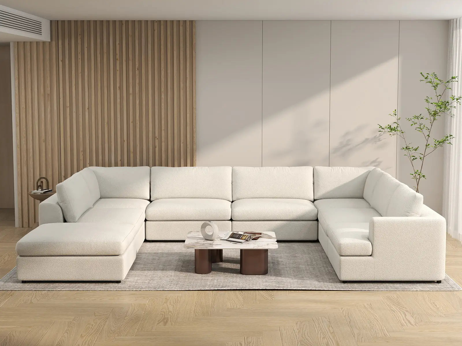 Deluxe Cloud 7-Seater White Open Space U-Shaped Sectional | 8-Piece (Includes 1 Ottoman), Bouclé Sherpa-Like Fabric, Easy To Clean
