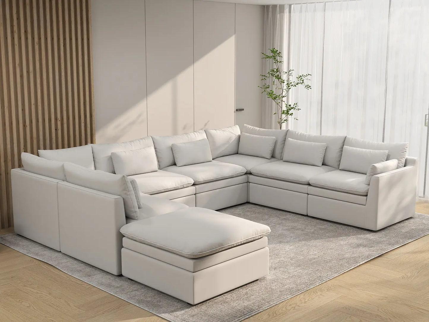 Deluxe Cloud 7-Seater White Open Space U-Shaped Sectional | 8-Piece (Includes 1 Ottoman), Linen Look Poly Fabric, Easy To Clean