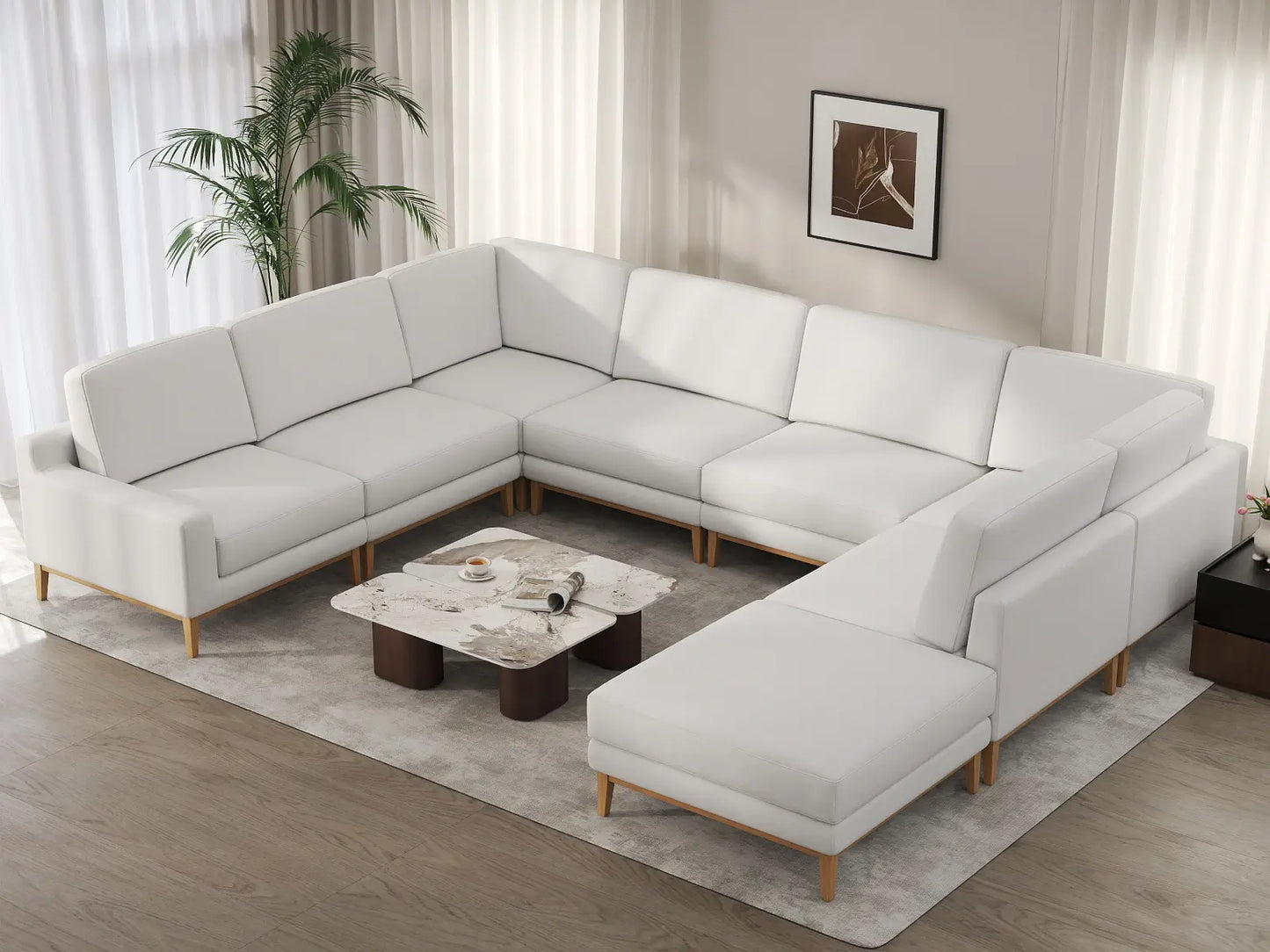 Deluxe Cloud 7-Seater White Open Space U-Shaped Sectional | 8-Piece (Includes 1 Ottoman), Linen Look Poly Fabric, Easy To Clean
