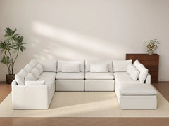 Deluxe Cloud 7-Seater White Open Space U-Shaped Sectional | 8-Piece (Includes 1 Ottoman), Linen Look Poly Fabric, Easy To Clean