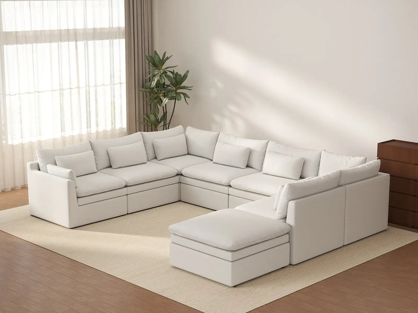 Deluxe Cloud 7-Seater White Open Space U-Shaped Sectional | 8-Piece (Includes 1 Ottoman), Linen Look Poly Fabric, Easy To Clean