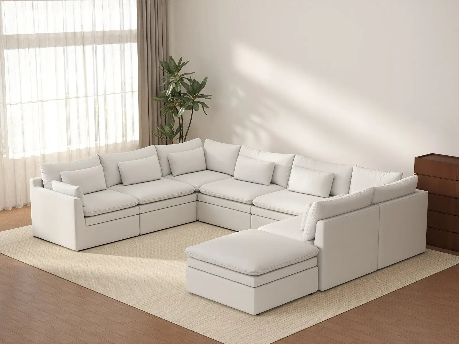 Deluxe Cloud 7-Seater White Open Space U-Shaped Sectional | 8-Piece (Includes 1 Ottoman), Linen Look Poly Fabric, Easy To Clean