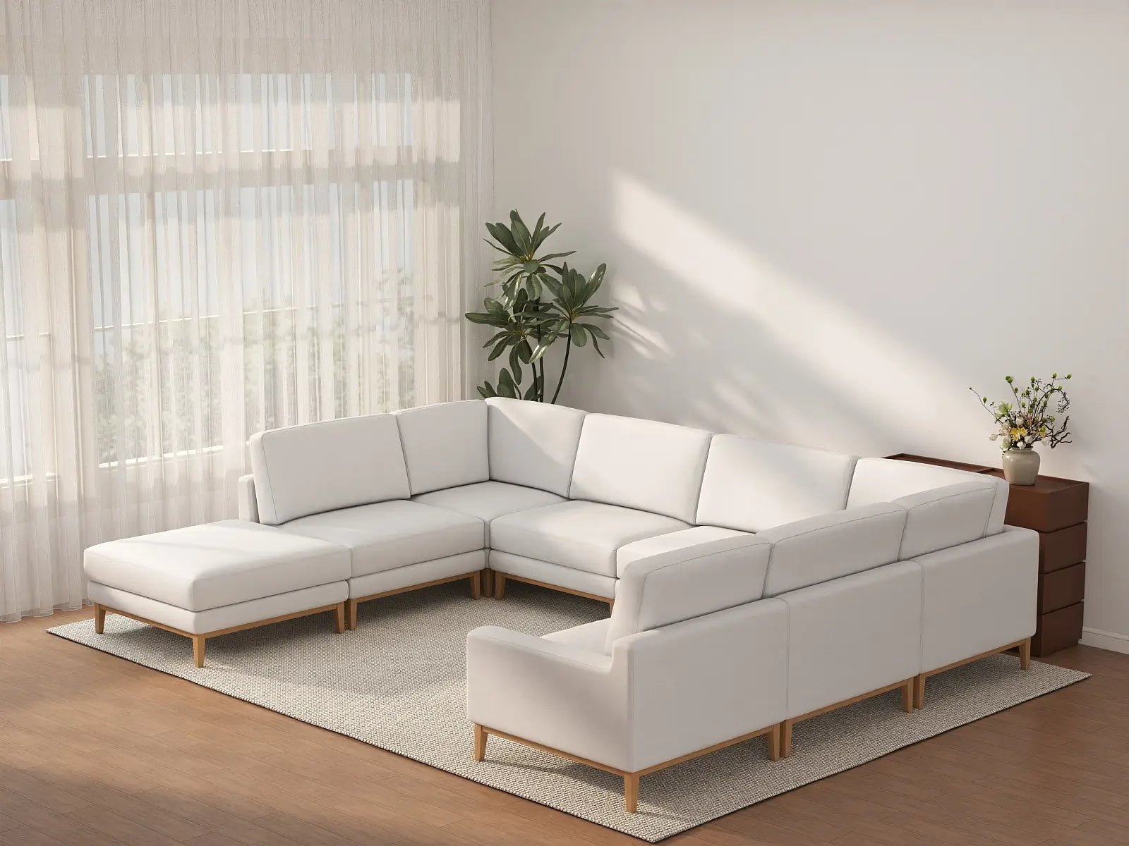 Deluxe Cloud 7-Seater White Open Space U-Shaped Sectional | 8-Piece (Includes 1 Ottoman), Linen Look Poly Fabric, Easy To Clean
