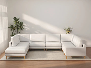 Deluxe Cloud 7-Seater White Open Space U-Shaped Sectional | 8-Piece (Includes 1 Ottoman), Linen Look Poly Fabric, Easy To Clean