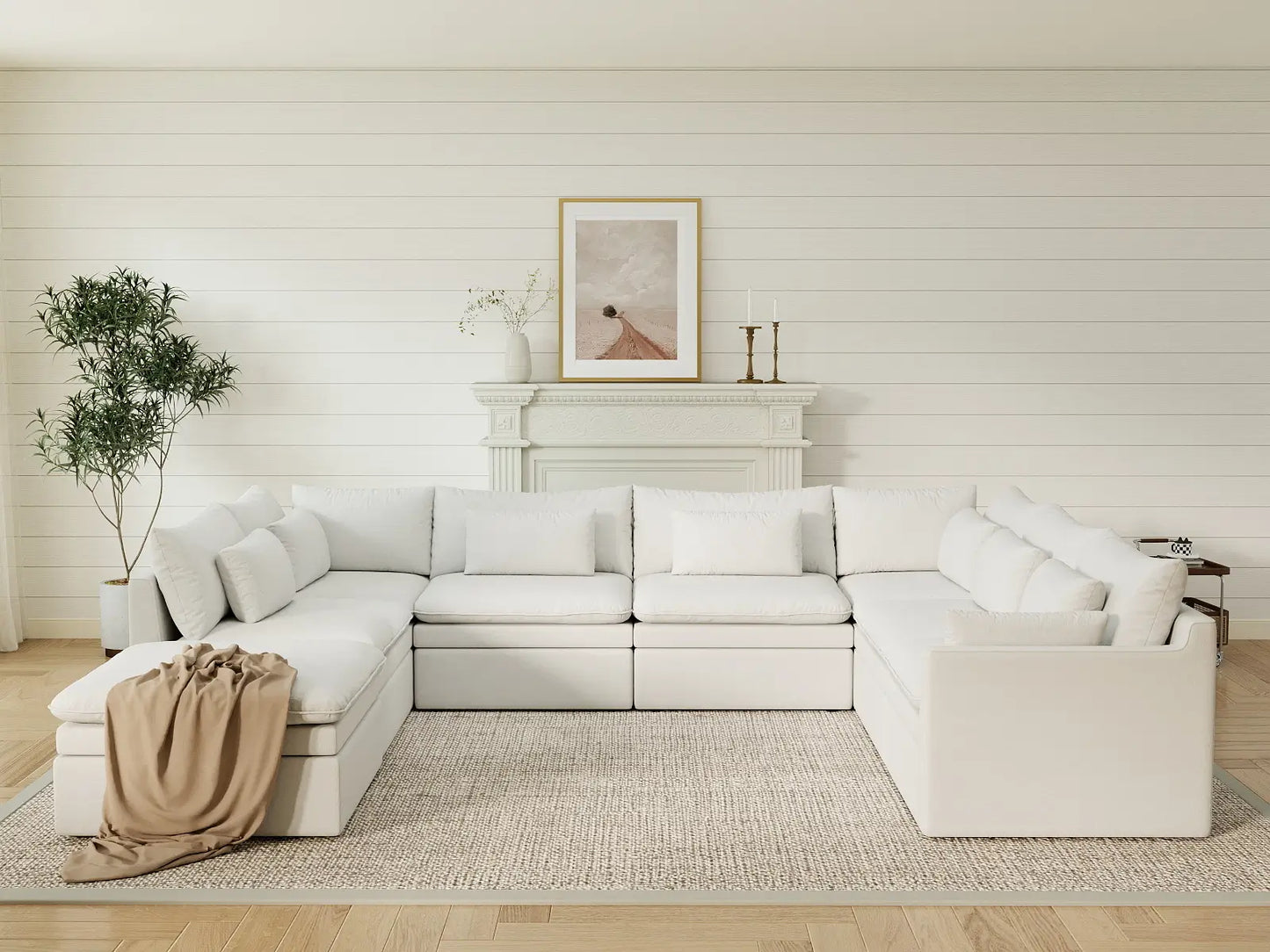 Deluxe Cloud 7-Seater White Open Space U-Shaped Sectional | 8-Piece (Includes 1 Ottoman), Linen Look Poly Fabric, Easy To Clean