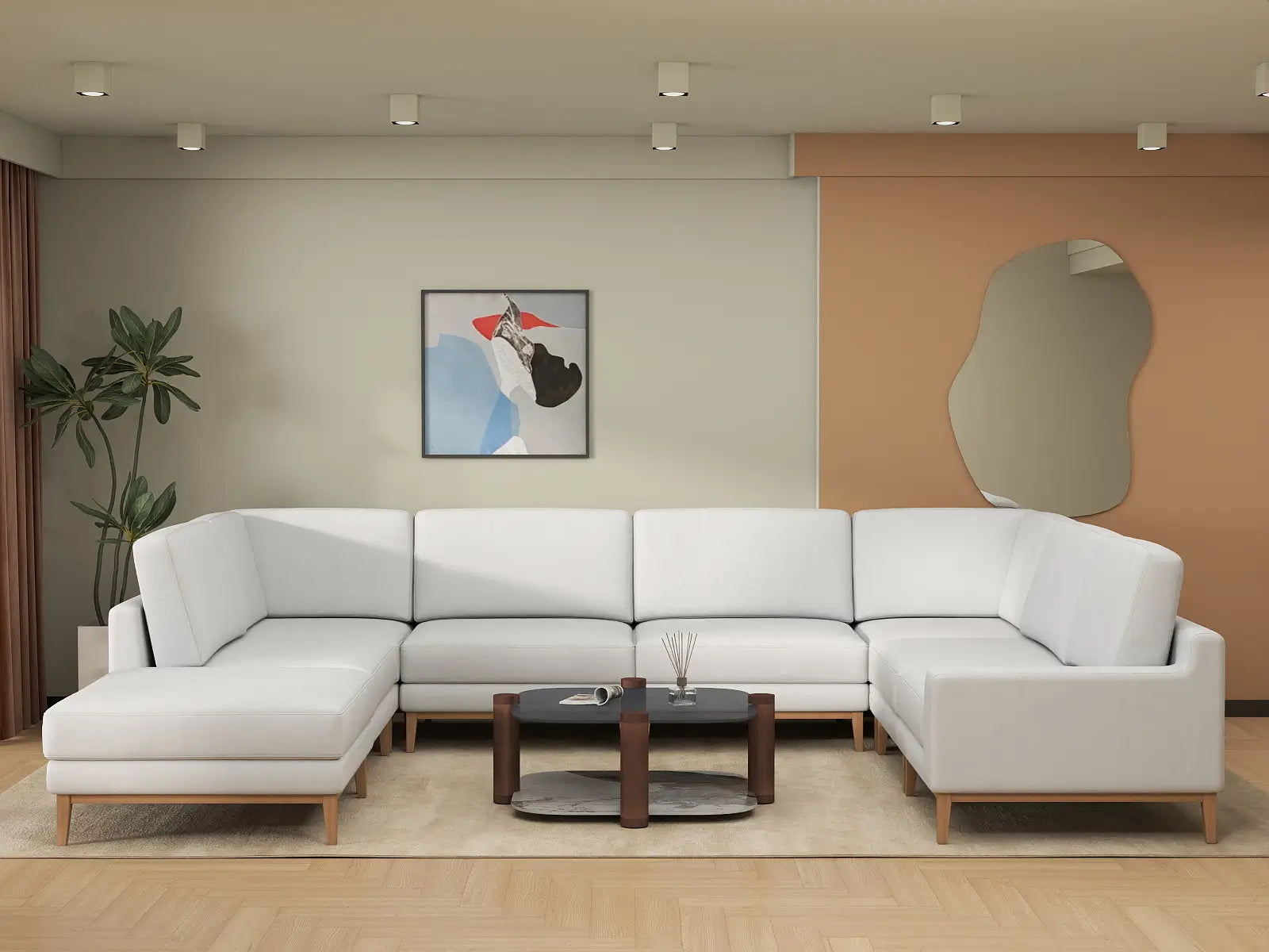 Deluxe Cloud 7-Seater White Open Space U-Shaped Sectional | 8-Piece (Includes 1 Ottoman), Linen Look Poly Fabric, Easy To Clean