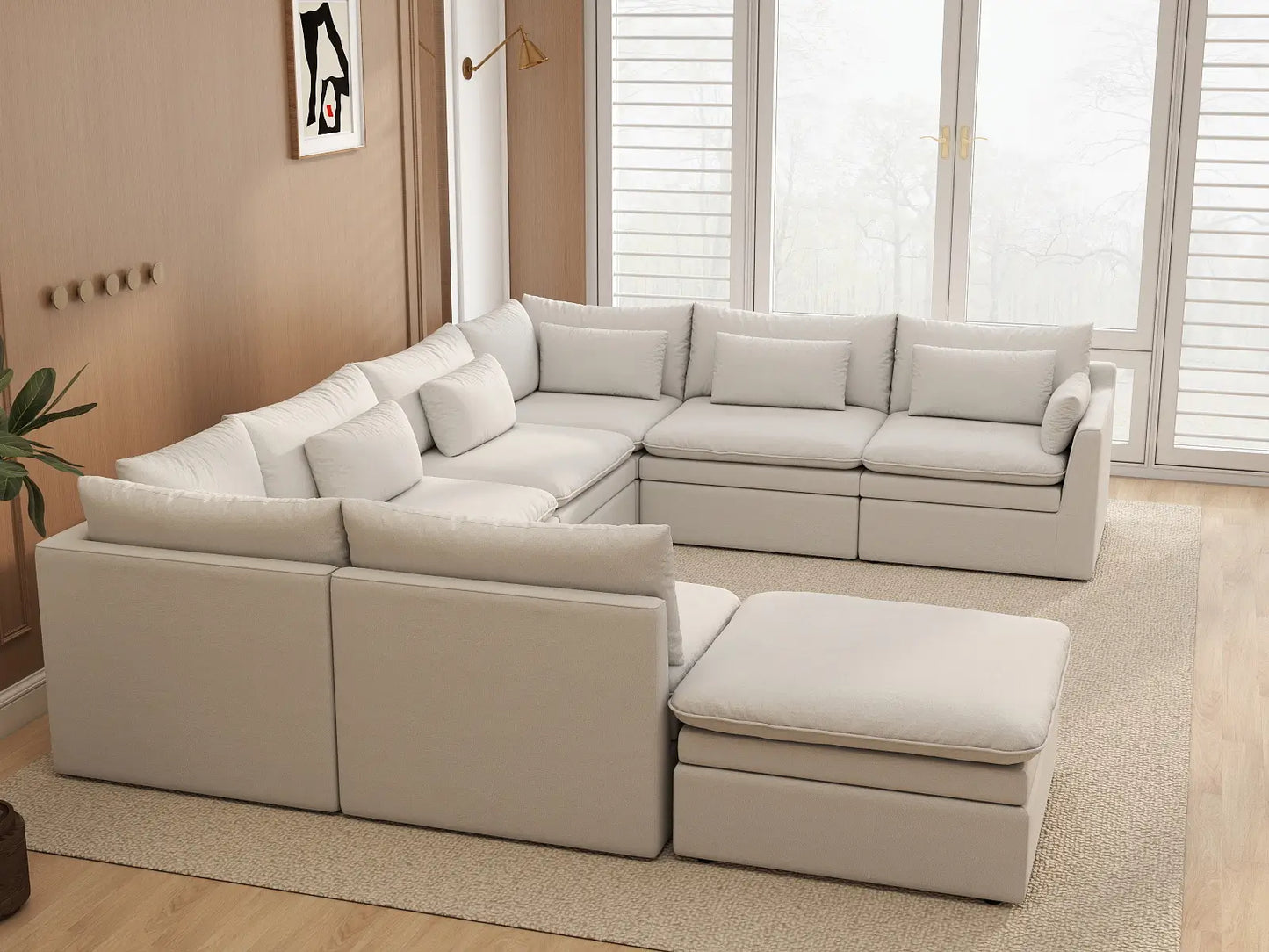 Deluxe Cloud 7-Seater White Open Space U-Shaped Sectional | 8-Piece (Includes 1 Ottoman), Linen Look Poly Fabric, Easy To Clean