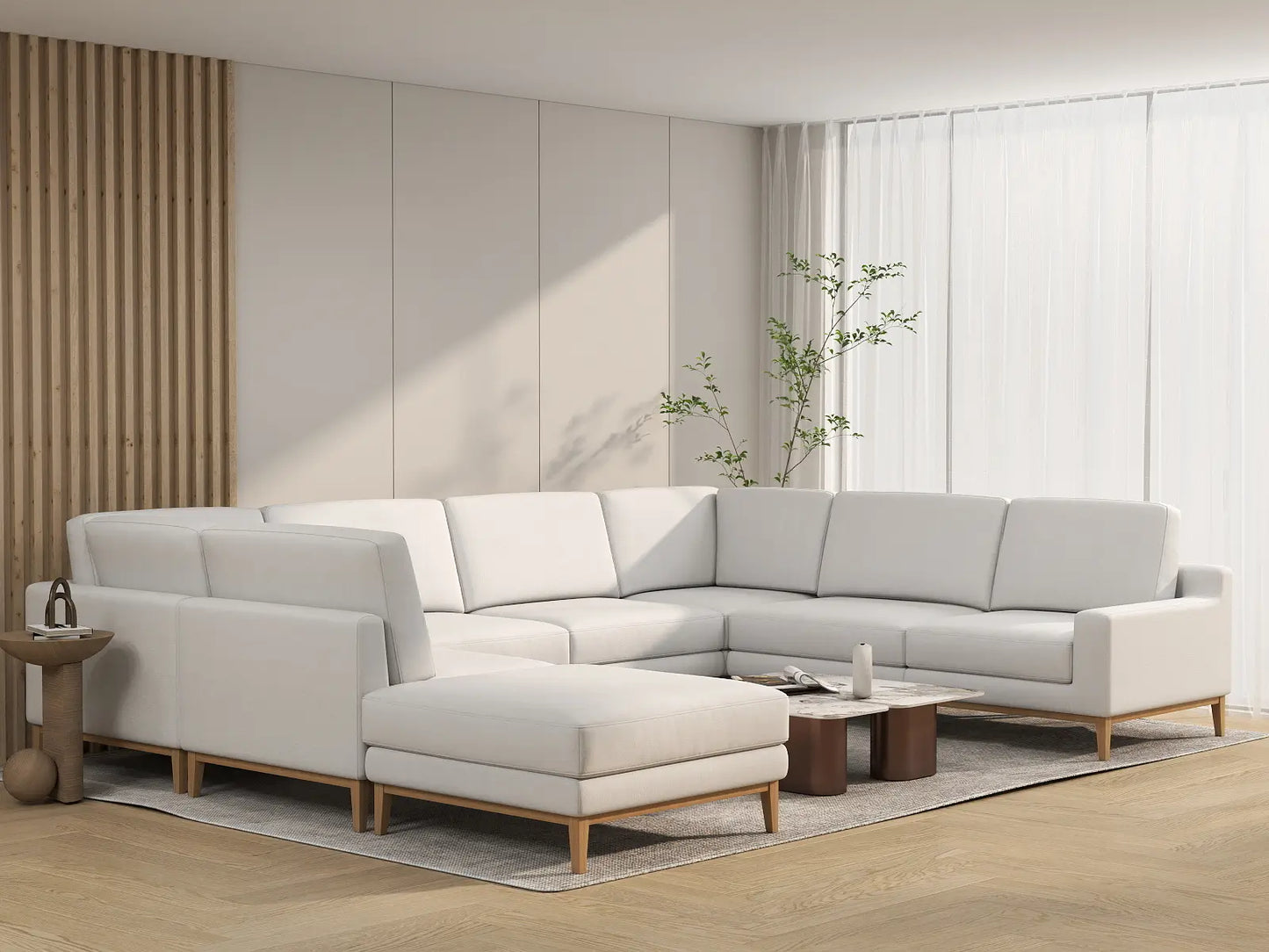 Deluxe Cloud 7-Seater White Open Space U-Shaped Sectional | 8-Piece (Includes 1 Ottoman), Linen Look Poly Fabric, Easy To Clean
