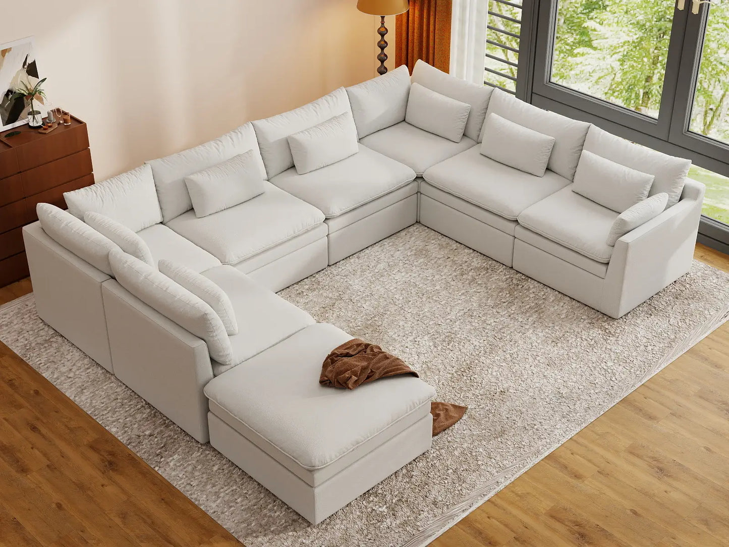 Deluxe Cloud 7-Seater White Open Space U-Shaped Sectional | 8-Piece (Includes 1 Ottoman), Linen Look Poly Fabric, Easy To Clean