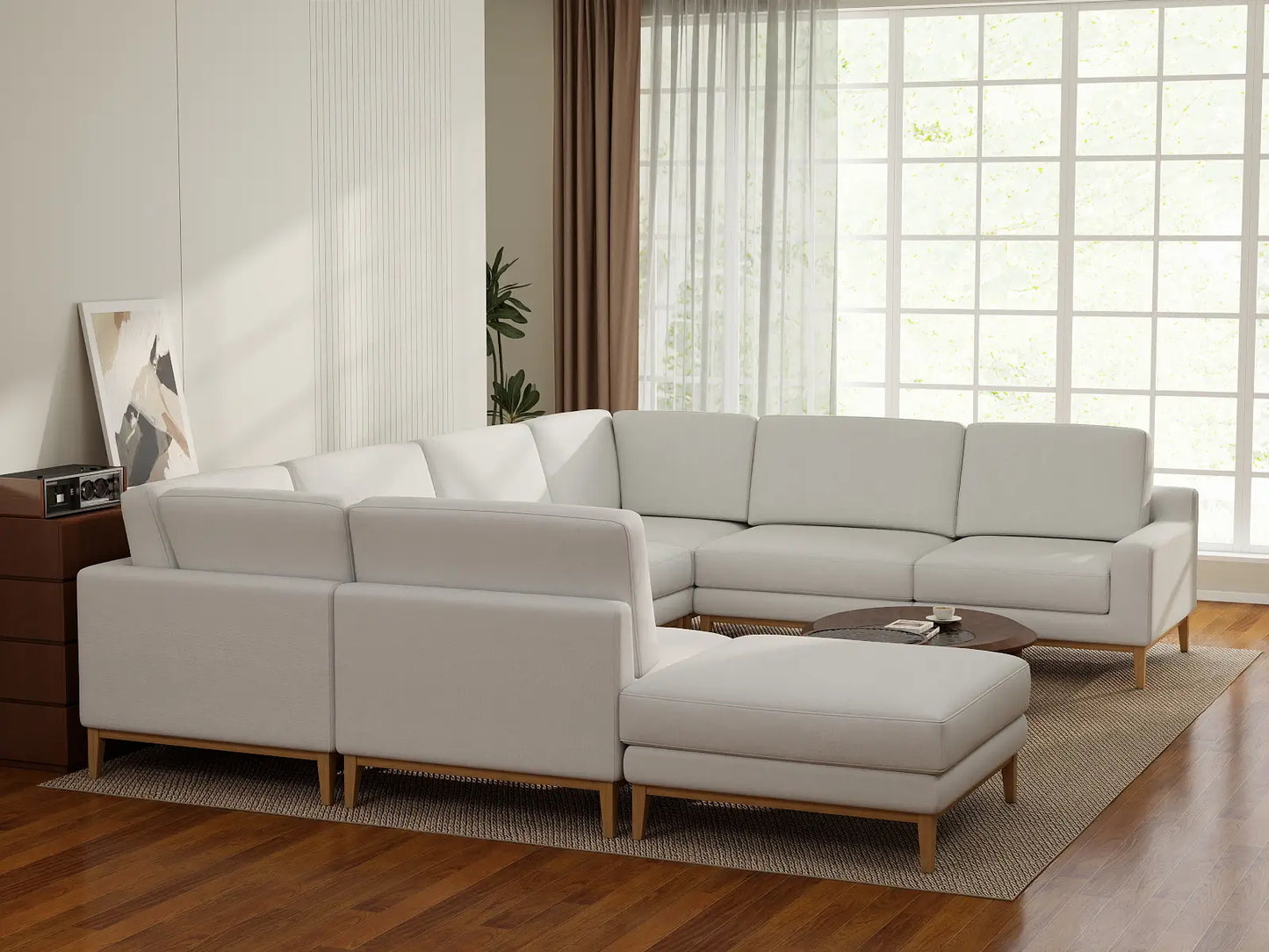 Deluxe Cloud 7-Seater White Open Space U-Shaped Sectional | 8-Piece (Includes 1 Ottoman), Linen Look Poly Fabric, Easy To Clean