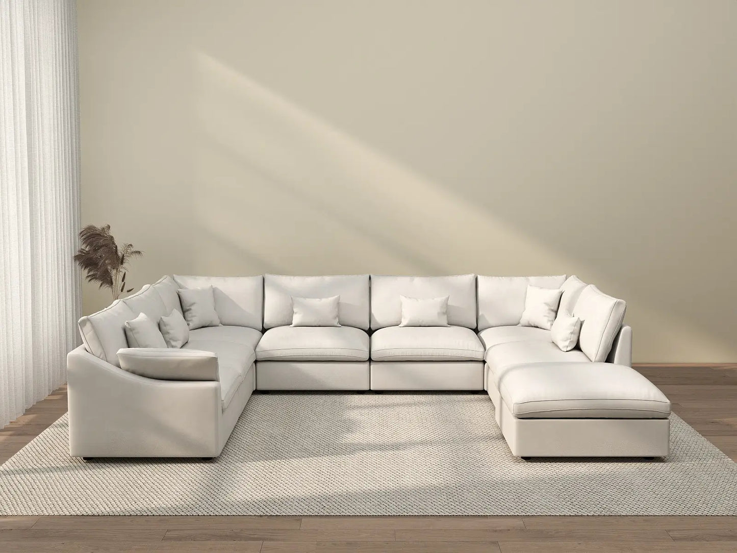 Deluxe Cloud 7-Seater White Pit Sectional | 8-Piece (Includes 1 Ottoman), Chenille And Linen Fabric, Washable Cushion Covers