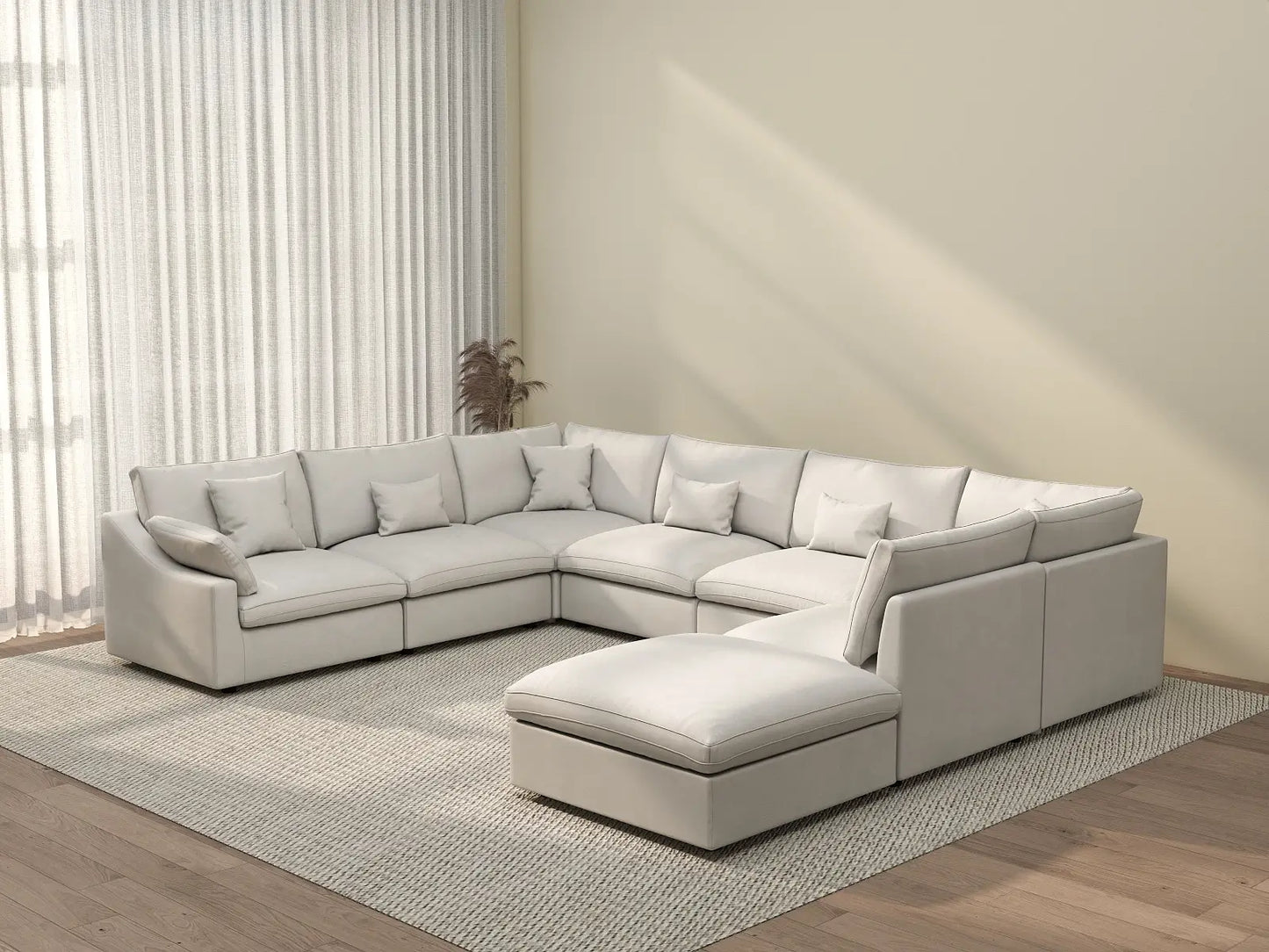 Deluxe Cloud 7-Seater White Pit Sectional | 8-Piece (Includes 1 Ottoman), Chenille And Linen Fabric, Washable Cushion Covers