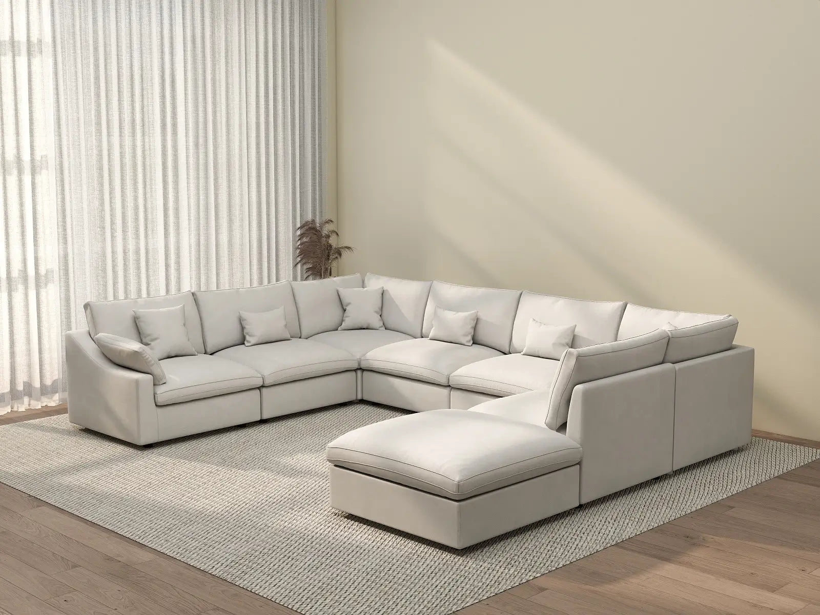 Deluxe Cloud 7-Seater White Pit Sectional | 8-Piece (Includes 1 Ottoman), Chenille And Linen Fabric, Washable Cushion Covers