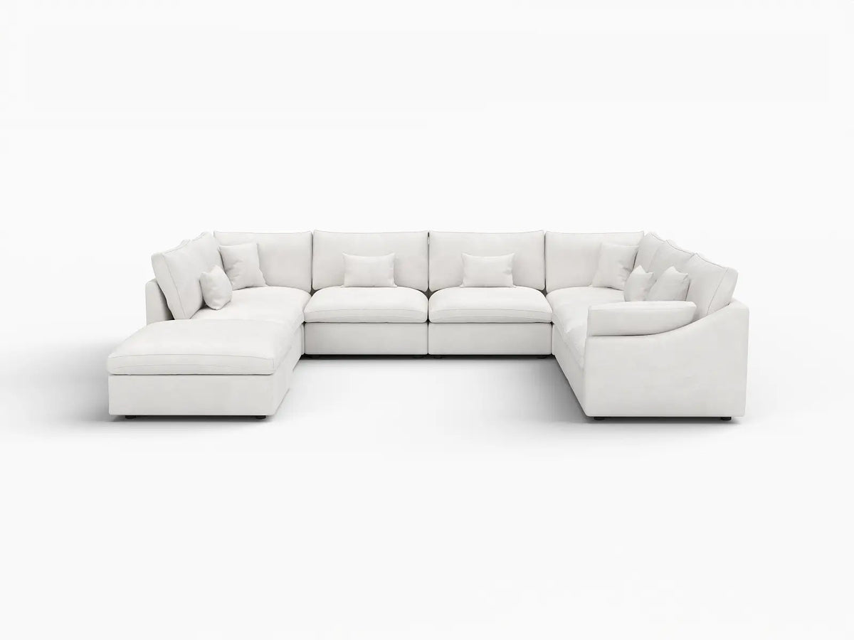 Deluxe Cloud 7-Seater White Pit Sectional | 8-Piece (Includes 1 Ottoman), Chenille And Linen Fabric, Washable Cushion Covers