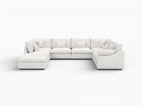 Deluxe Cloud 7-Seater White Pit Sectional | 8-Piece (Includes 1 Ottoman), Chenille And Linen Fabric, Washable Cushion Covers