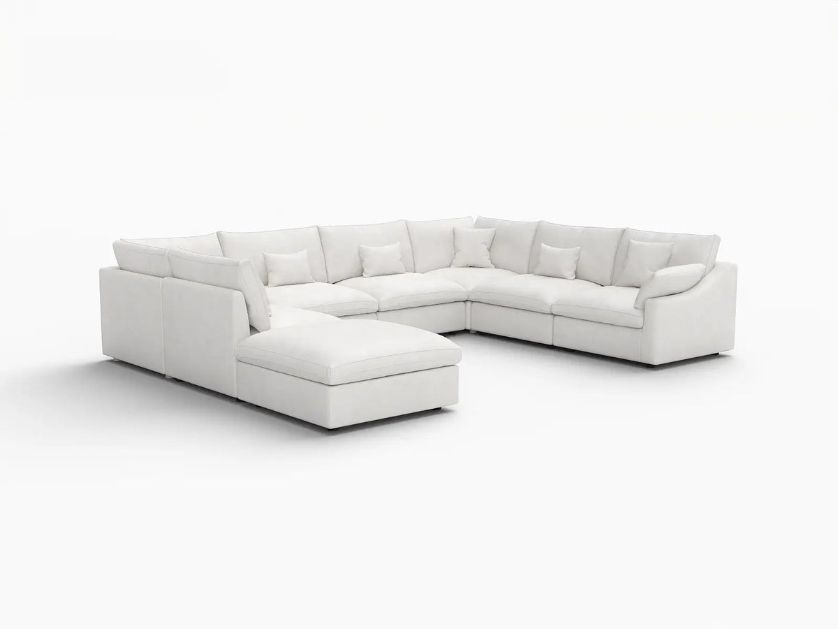 Deluxe Cloud 7-Seater White Pit Sectional | 8-Piece (Includes 1 Ottoman), Chenille And Linen Fabric, Washable Cushion Covers