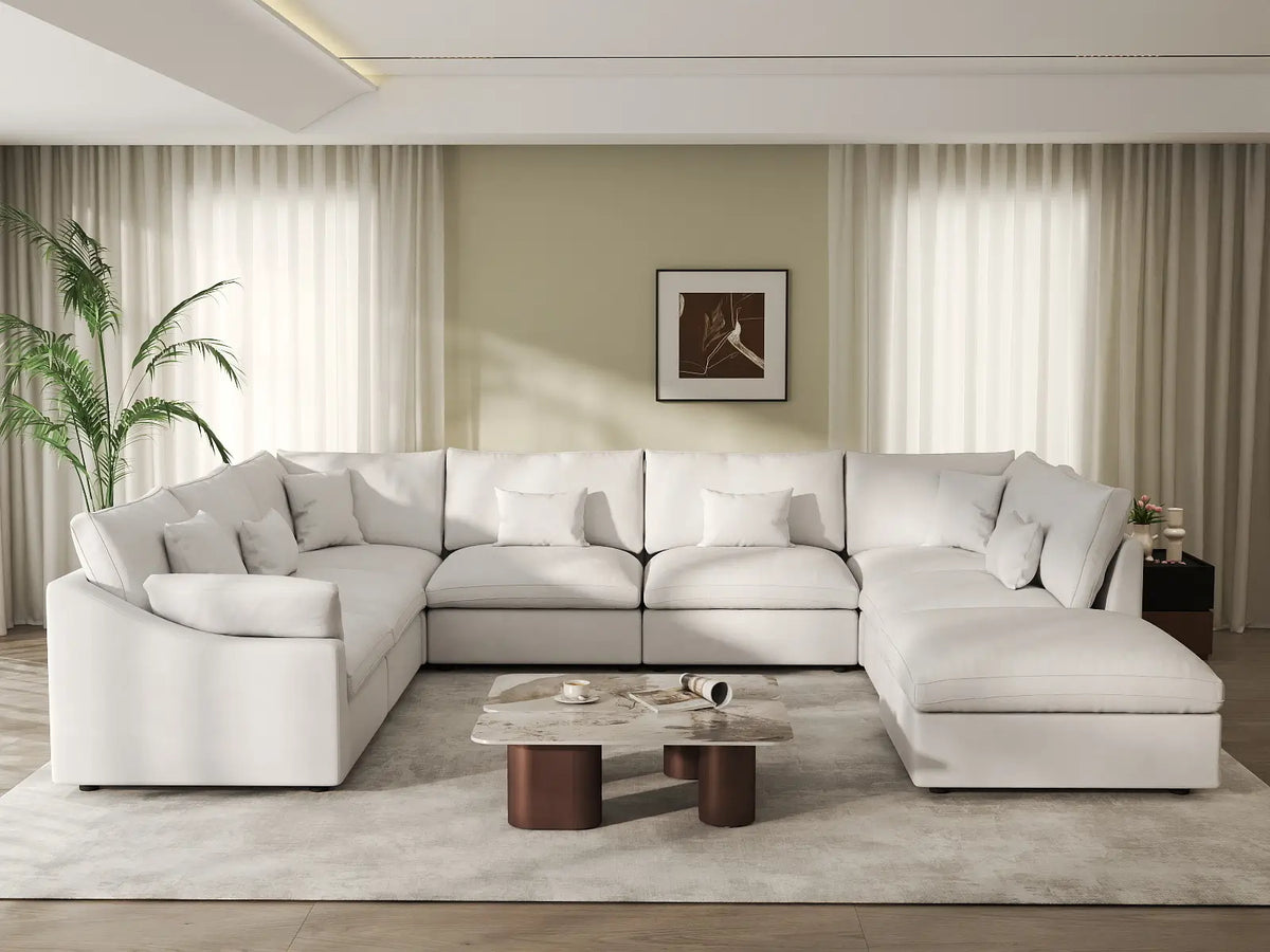 Deluxe Cloud 7-Seater White Pit Sectional | 8-Piece (Includes 1 Ottoman), Chenille And Linen Fabric, Washable Cushion Covers