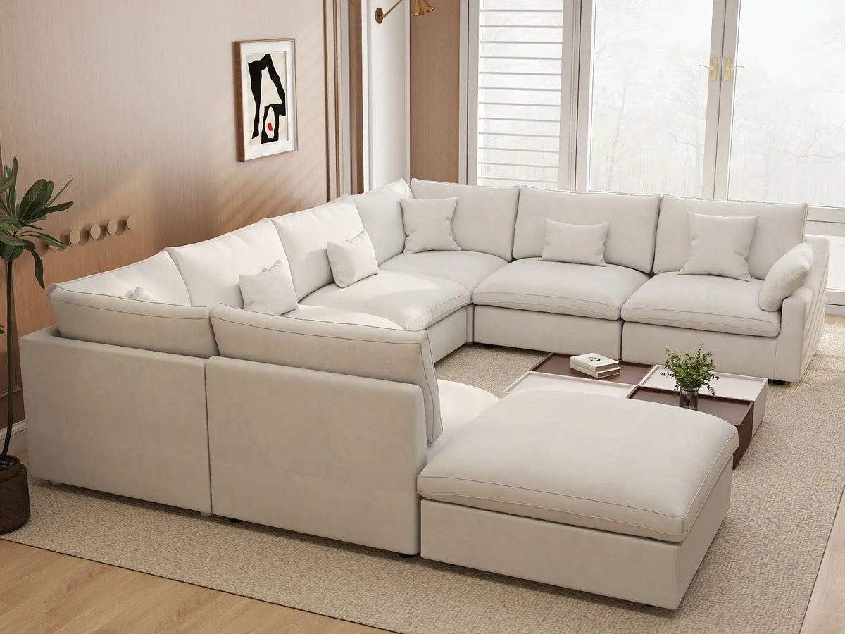 Deluxe Cloud 7-Seater White Pit Sectional | 8-Piece (Includes 1 Ottoman), Chenille And Linen Fabric, Washable Cushion Covers