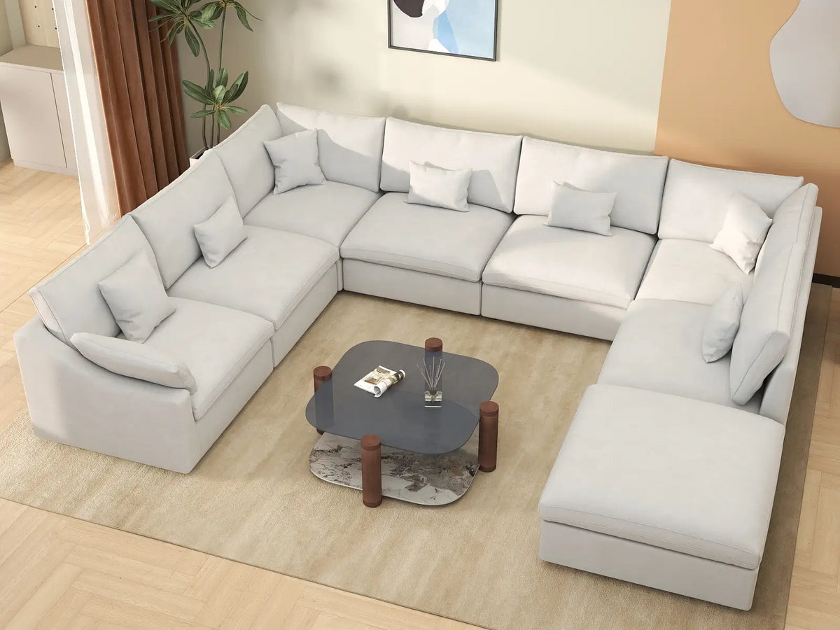 Deluxe Cloud 7-Seater White Pit Sectional | 8-Piece (Includes 1 Ottoman), Chenille And Linen Fabric, Washable Cushion Covers