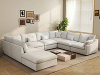 Deluxe Cloud 7-Seater White Pit Sectional | 8-Piece (Includes 1 Ottoman), Chenille And Linen Fabric, Washable Cushion Covers