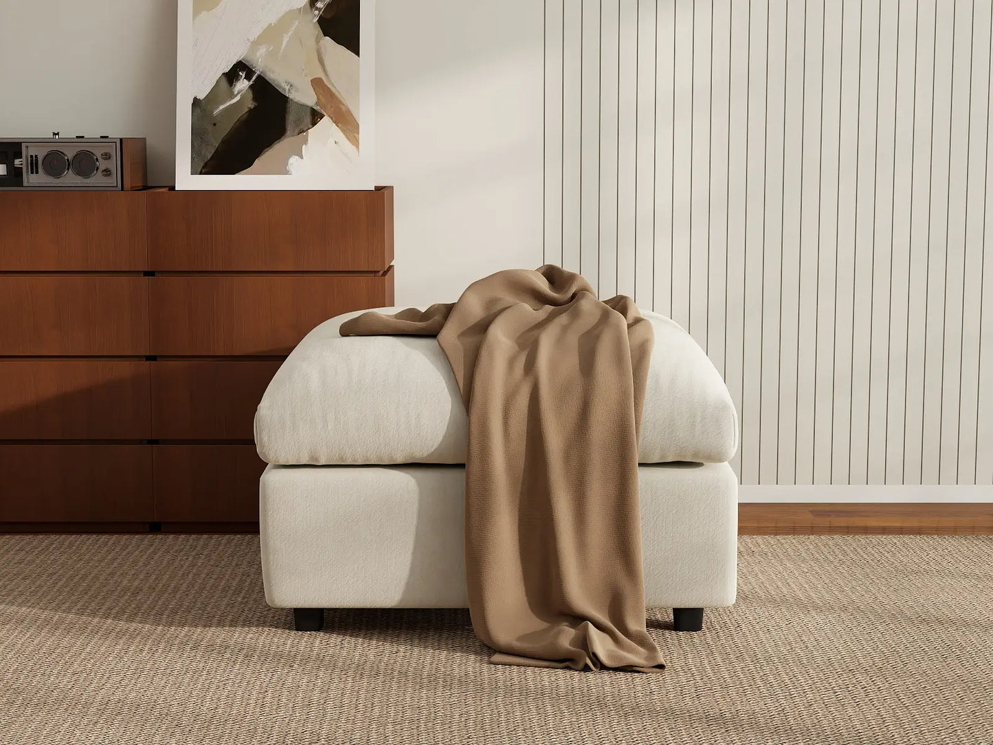 Puf de lujo nube beige | 1 pieza (incluye 1 puf), tela chenilla de mezcla de lino, fácil de limpiar