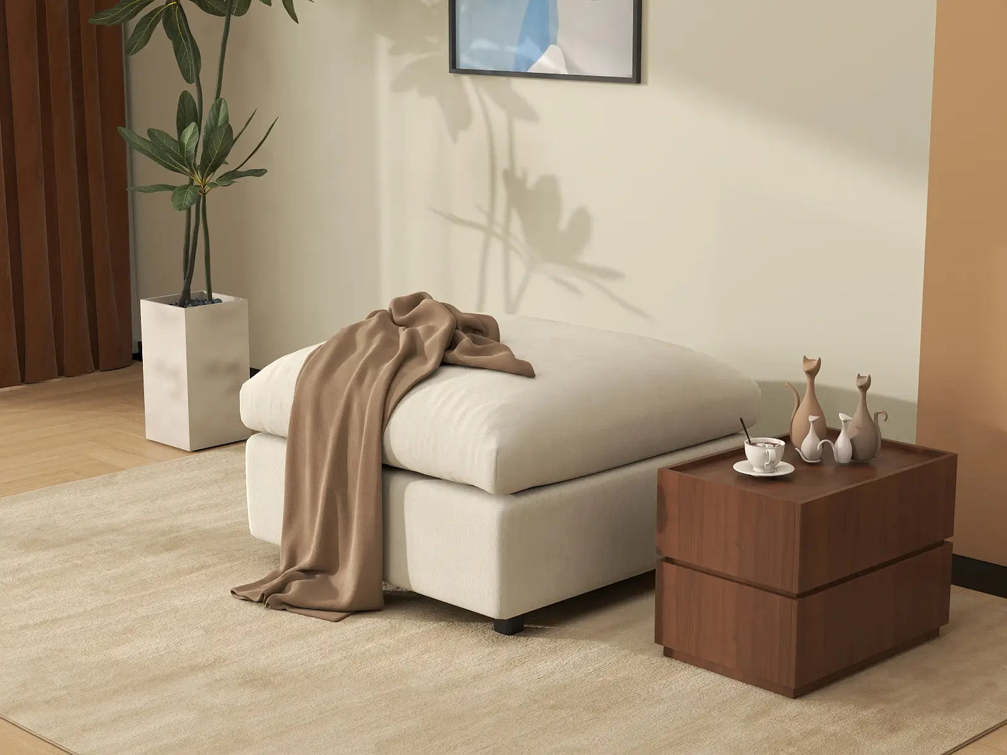 Puf de lujo nube beige | 1 pieza (incluye 1 puf), tela chenilla de mezcla de lino, fácil de limpiar