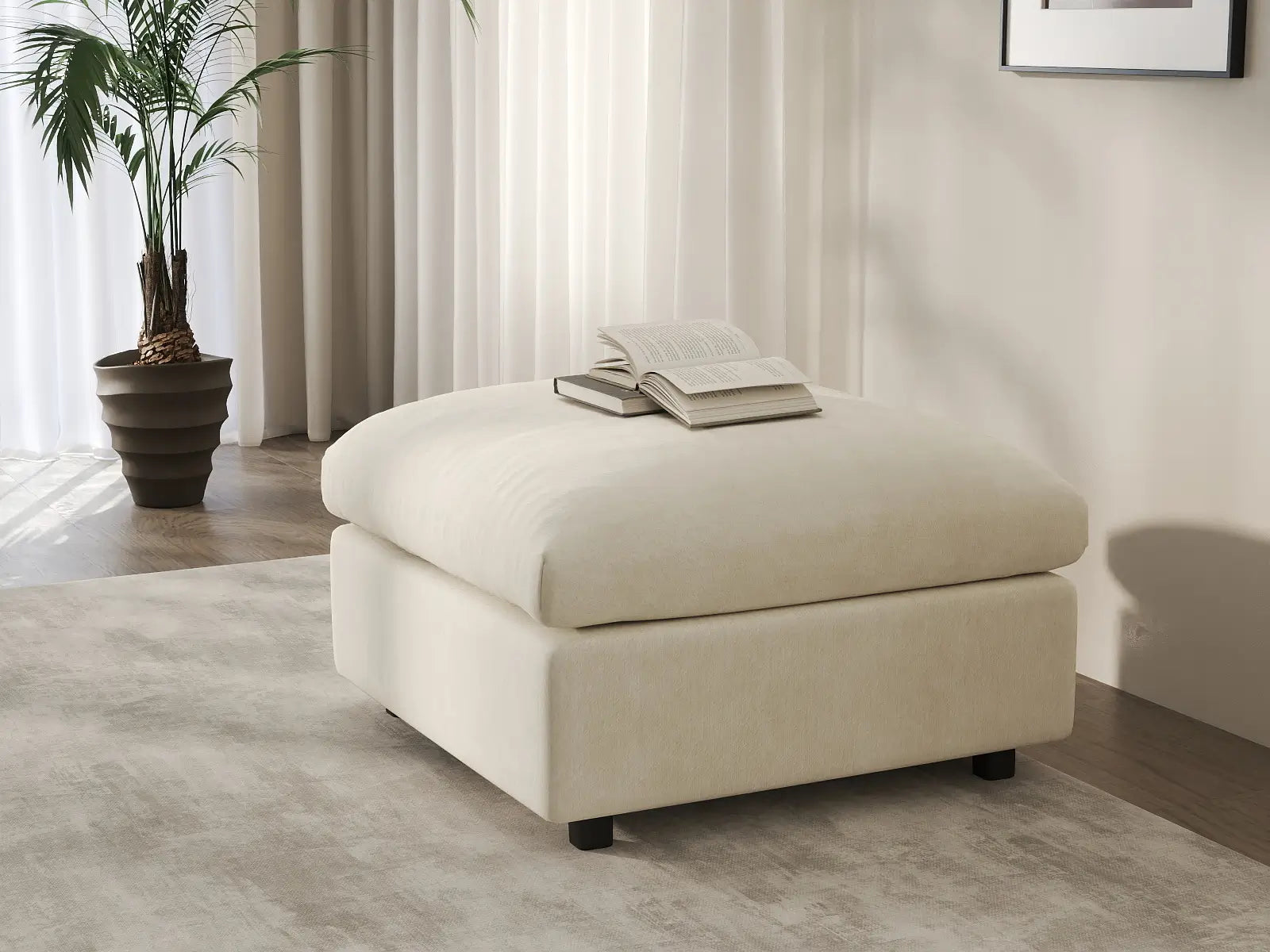 Puf de lujo nube beige | 1 pieza (incluye 1 puf), tela chenilla de mezcla de lino, fácil de limpiar